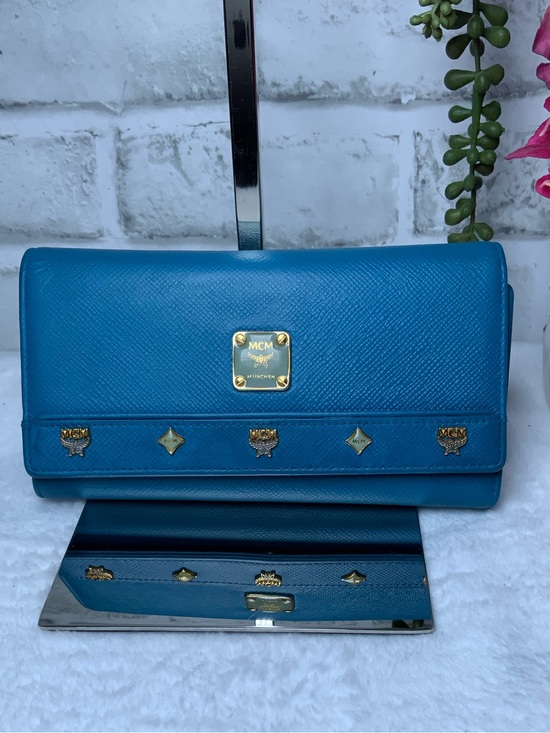 MCM Handbags - MCM Blue Leather Wallet with Gold Logo Plaque and Studs
